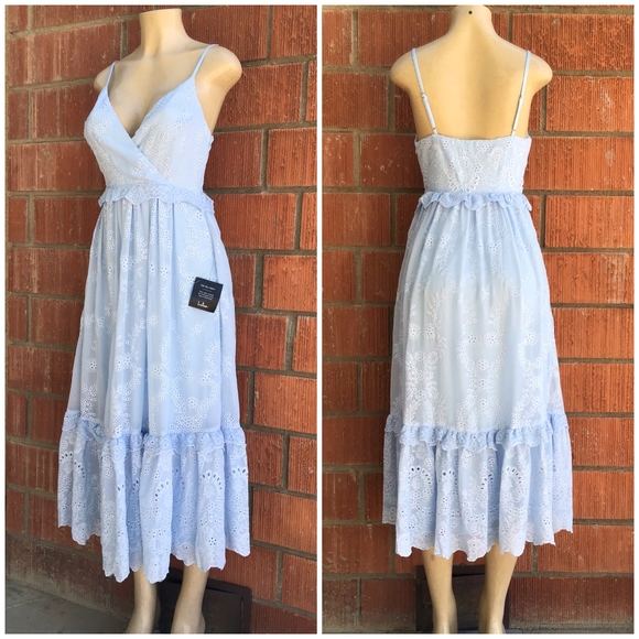 LAST ONE❗Lulu's Vintage Feminine Chic Powder Blue Embroidered Eyelet Midi Dress - Picture 2 of 10